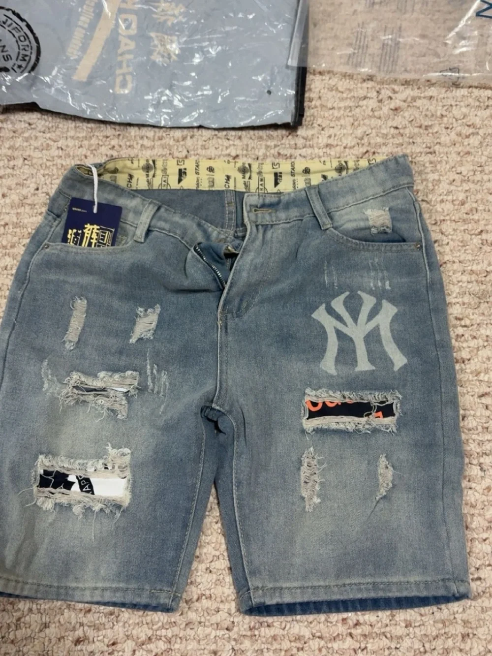 Men's Distressed Light Blue Denim Shorts with NY Logo